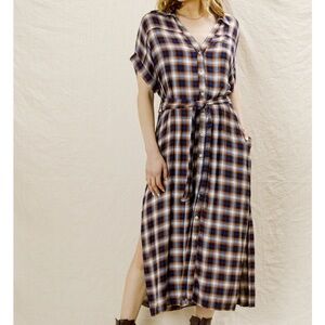 EN Creme Maxi Button Front Plaid Dress (XL) Navy + Orange